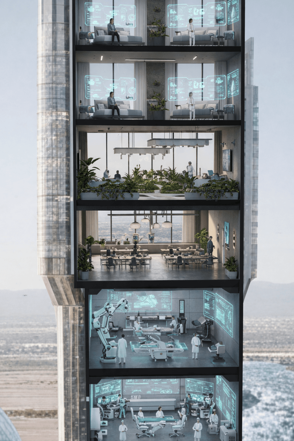 A futuristic medical center interior